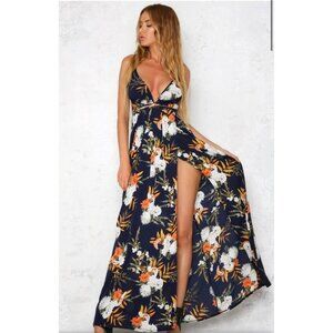 Simplee sienna sunset boho maxi dress floral wrap , navy, Size S